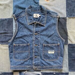 calvin klein denim collared vest linen blend size L